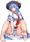  barefoot blue_hair blush breasts embarrassed feet full_body hat hinanawi_tenshi large_breasts long_hair looking_at_viewer neropaso panties panty_pull red_eyes rei_no_himo sidelocks simple_background sitting sketch soles solo spread_legs spread_toes striped striped_panties toes touhou underwear very_long_hair white_background 