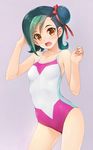  breasts competition_school_swimsuit green_hair hair_bun highres mizuki_kotori_(yuu-gi-ou_zexal) multicolored_hair one-piece_swimsuit ribbon school_swimsuit short_hair small_breasts solo swimsuit two-tone_hair wacchi yuu-gi-ou yuu-gi-ou_zexal 