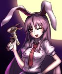  animal_ears breasts bunny_ears gun highres long_hair lunatic_gun medium_breasts miata_(miata8674) necktie one_eye_closed open_mouth purple_hair red_eyes red_neckwear reisen_udongein_inaba solo touhou trigger_discipline very_long_hair weapon 