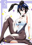  animal_ears bare_shoulders blue_hair blush breasts brown_legwear bunny_ears bunny_tail bunnysuit cleavage cover high_heels highres huge_breasts kaishaku looking_at_viewer nisekoi open_mouth pantyhose red_eyes short_hair sitting solo sparkle tail torn_clothes torn_legwear tsugumi_seishirou 