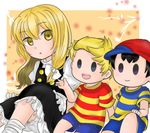  2boys :d baseball_cap black_hair blonde_hair crossover hat hat_removed headwear_removed kirisame_marisa long_hair lucas mikuma_(mother) mother_(game) mother_2 mother_3 multiple_boys ness open_mouth puffy_sleeves shirt short_hair shorts sitting skirt skirt_set smile solid_oval_eyes striped striped_shirt super_smash_bros. t-shirt touhou yellow_eyes 