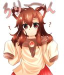  ? age_regression akatsuki_no_guuru animal_ears blush brooch brown_hair dress highres imaizumi_kagerou jewelry long_hair long_sleeves oversized_clothes red_eyes sleeves_past_fingers sleeves_past_wrists solo touhou translated wide_sleeves wolf_ears younger 