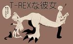  1girl akanesanzou animal asahikawa_yuuma bow breasts cat churio claws copyright_name dinosaur_girl dinosaur_tail medium_breasts monochrome monster_girl nude scales sharp_teeth t-rex_na_kanojo tail tail_bow teeth translated tyrannosaurus_rex 