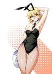  animal_ears arm_up armpits bad_id bad_pixiv_id between_breasts blonde_hair blush breasts bunny_ears bunnysuit cleavage detached_collar fishnet_pantyhose fishnets highres large_breasts looking_at_viewer mizuhashi_parsee necktie necktie_between_breasts ootsuki_wataru pantyhose pointy_ears short_hair simple_background solo thigh_gap touhou tray white_background wrist_cuffs 