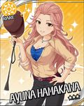 artist_request belt black_pants breasts brown_eyes card_(medium) character_name cleavage hamakawa_ayuna hat idolmaster idolmaster_cinderella_girls jewelry large_breasts long_hair necklace official_art orange_background pants pink_hair solo sparkle sun_(symbol) 
