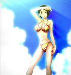  1girl arai_chie bare_shoulders bikini black_hair breasts cloud navel no_nose sayonara_zetsubou_sensei screencap short_hair solo standing stitched swimsuit 