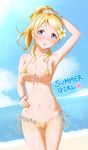  armpits ayase_eli bangle bangs bare_shoulders beach bikini bikini_skirt blonde_hair blue_eyes blush bracelet breasts ckst cleavage embarrassed flower front-tie_bikini front-tie_top full-face_blush hair_flower hair_ornament hand_on_hip hand_on_own_head highres jewelry looking_at_viewer love_live! love_live!_school_idol_project medium_breasts micro_bikini nail_polish navel parted_bangs ponytail revealing_clothes scrunchie shiny shiny_skin side-tie_bikini sideboob solo stomach swimsuit thigh_gap underboob 