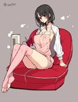  barefoot black_hair book couch feet food kantai_collection kome_(vm500) leg_warmers long_legs mouth_hold pink_legwear pocky reading red_eyes short_hair sitting solo sweater takao_(kantai_collection) thighhighs toeless_legwear 