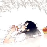  apple black_hair cat closed_eyes dress food fruit kiss kitashirakawa_tamako long_hair lying momose_(oqo) tamako_market 