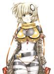  anita_(growlanser) belt between_breasts bodysuit breasts coat cowboy_shot grey_eyes growlanser growlanser_vi hair_ribbon large_breasts off_shoulder official_art orange_ribbon ribbon short_hair smile solo urushihara_satoshi white_background white_hair 