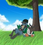  &lt;3 duo eyes_closed gioven grass hat lucario lying male nintendo outside paws pok&eacute;mon skiddo sky sleeping spikes tree video_games winick-lim 