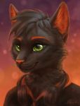  anthro black_fur cat detailed_background digital_media_(artwork) feline fur green_eyes headshot_portrait mammal noquelle orange_fur portrait smile solo 