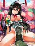  animal_ears arm_at_side bare_legs bed bed_sheet black_gloves black_hair breasts breasts_outside cat_ears cat_tail chikuma_(kantai_collection) condom condom_in_mouth fat_mons gloves groin_tendon hand_on_leg kantai_collection kemonomimi_mode large_breasts long_hair looking_at_viewer lying mouth_hold nipples no_bra no_panties on_back open_clothes pelvic_curtain pussy remodel_(kantai_collection) side_slit single_glove skirt skirt_set solo tail vin yellow_eyes 