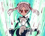  amulet angry apron bloody_marie_(skullgirls) commentary_request cowboy_shot frilled_apron frills hair_ornament hat higa_norio looking_at_viewer maid maid_headdress red_eyes silver_hair skull skull_hair_ornament skullgirls solo twintails 