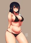  bikini black_bikini black_hair blush breasts brown_eyes cleavage covered_nipples gloves haguro_(kantai_collection) hair_ornament highres kantai_collection large_breasts looking_at_viewer meicha open_mouth plump short_hair simple_background solo swimsuit white_gloves 