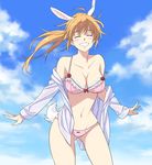  ^_^ agahari animal_ears ass_visible_through_thighs bare_shoulders blush bow bow_panties bra breasts bunny_ears charlotte_e_yeager cleavage closed_eyes cloud collarbone day facing_viewer frills grin groin highres large_breasts long_hair long_sleeves navel off_shoulder orange_hair panties pink_bra pink_panties ponytail sky smile solo strap_slip strike_witches tail underwear world_witches_series 