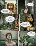  2011 anthro breasts clothed clothing comic dialogue dinosaur english_text female group hair horn human lizard male mammal markie naga reptile scalie size_difference snake speech_bubble text 