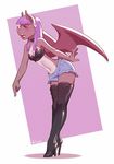  2015 abstract_background alanscampos anthro bat blush boots breasts choker clothing cutoffs denim_shorts ear_piercing female hair high_heeled_boots high_heels legwear mammal open_mouth piercing purple_hair shorts solo thigh_high_boots tongue wings 