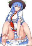  bad_id bad_pixiv_id barefoot blue_hair blush breasts embarrassed feet hat hinanawi_tenshi large_breasts long_hair looking_at_viewer neropaso panties panty_pull red_eyes sidelocks simple_background sitting sketch soles solo spread_legs spread_toes striped striped_panties toes touhou underwear very_long_hair white_background 