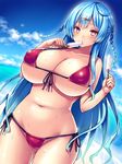  beach bikini blue_hair blue_sky blush braid breasts cloud covered_nipples day eating food food_in_mouth front-tie_top hair_ornament highres huge_breasts long_hair looking_at_viewer micro_bikini ocean original outdoors popsicle red_bikini red_eyes side-tie_bikini sky solo swimsuit tsukumiya_amane twin_braids water wet 