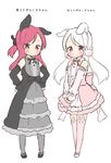  :&lt; animal_band_legwear animal_ears blush bunny_band_legwear bunny_ears bunny_hair_ornament commentary detached_sleeves dress frilled_dress frills full_body grey_legwear hair_ornament half_updo hands_on_hips lolita_fashion multiple_girls original pantyhose pink_legwear purple_eyes red_eyes red_hair saku_usako_(rabbit) sash simple_background standing thighhighs translated twintails v_arms white_background white_hair 