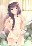  :3 bangs black_hair blunt_bangs blush braid bunches kantai_collection kitakami_(kantai_collection) komi_zumiko long_hair looking_at_viewer naked_towel navel onsen sidelocks single_braid smile solo towel towel_on_head wading water wet 