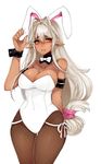  animal_ears arm_behind_back armlet bad_id bad_pixiv_id blonde_hair breasts brown_eyes bunny_ears bunnysuit covered_navel cuffs dark_elf dark_skin elf fishnet_pantyhose fishnets large_breasts long_hair looking_at_viewer pantyhose pointy_ears sansei_muramasa simple_background solo soukou_akki_muramasa terupancake thighs very_long_hair white_background wide_hips 