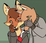  anthro breasts brown_hair canine clothing duo female fox green_eyes hair hand_on_shoulder laugh looking_away male mammal necktie poppy_opossum suit sweater uniform unknown_artist unknown_character 