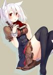  animal_ear_fluff animal_ears bad_id bad_pixiv_id black_legwear blush book breasts brown_background cat_ears highres looking_at_viewer medium_breasts open_mouth original red_eyes shirako_sei short_hair silver_hair simple_background skirt solo thighhighs wrist_cuffs 