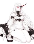  breasts claws detached_sleeves dress frown horn kantai_collection large_breasts long_hair red_eyes ribbed_dress ribbed_sweater seaport_hime seiza shinkaisei-kan short_dress sitting solo sweater sweater_dress terupancake thighs very_long_hair white_hair 