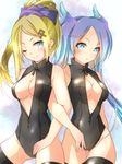  ;) black_legwear black_swimsuit blonde_hair blue_eyes blue_hair blush breasts cleavage covered_navel front_zipper_swimsuit hair_ornament idunn_&amp;_idunna locked_arms long_hair medium_breasts meme_attire multiple_girls one-piece_swimsuit one_eye_closed ponytail puzzle_&amp;_dragons smile swimsuit thighhighs twintails unzipped uzura_kazuhisa zipper 