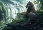  2018 black_fur canine day detailed_background digital_media_(artwork) feral fur grass hybrid lying mammal noquelle outside solo waterfall wolf 