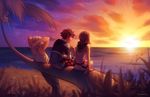  1girl 2boys allexis_kristedja bare_shoulders belt black brown_hair cloud kairi_(kingdom_hearts) kingdom_hearts kingdom_hearts_ii looking_back multiple_boys ocean palm_tree red_hair riku scenery silver_hair sitting smile sora_(kingdom_hearts) spiked_hair star_(sky) sun sunset tree whispwill 