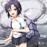  antenna_hair bag black_hair cosplay idolmaster idolmaster_(classic) kikuchi_makoto konno_makoto kouchou namesake open_mouth short_hair smile solo toki_wo_kakeru_shoujo 