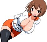  arms_behind_back black_legwear breasts brown_eyes brown_hair cleavage ginnyo huge_breasts looking_at_viewer open_mouth short_hair skirt smile solo takamiya_nasuno teekyuu thighhighs transparent_background zettai_ryouiki 