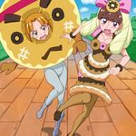  :o amanogawa_kirara bad_id bad_pixiv_id bangs battle black_hair blonde_hair blunt_bangs blush boots bow bracelet breasts brick brown_eyes brown_legwear clenched_hand cloud commentary day doughnut dress eyebrows food food_themed_clothes full_body go!_princess_precure grass hachimaki hair_bow headband highres ichijou_ranko jewelry konjou_donuts-kun leaning long_hair mittens mont_blanc_(heartcatch_ayaya) multiple_girls o_o open_mouth orange_hair outdoors pantyhose pavement precure puffy_sleeves purple_eyes racing ringlets running running_bond shadow shoes short_hair short_sleeves sky small_breasts sweatdrop tree v-shaped_eyebrows wig 