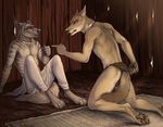  2015 anthro black_fur black_stripes brown_eyes brown_fur canine claws clothed clothing collar duo fur golden_jackal grey_eyes grey_fur half-dressed hyena inside jackal kneeling loincloth male mammal pants pawpads paws rukis sitting striped_body striped_hyena topless 