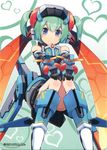  ass berzelius_girl blue_eyes cosmic_break flat_chest green_hair highres mecha_musume official_art short_hair simple_background sitting smile solo twintails wakaba 