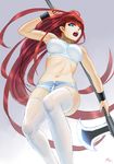  absurdres arm_up axe bare_arms blue_eyes breasts darkmuleth gradient gradient_background highres holding long_hair medium_breasts midriff navel open_mouth original red_hair short_shorts shorts simple_background solo thighhighs tongue very_long_hair weapon white_legwear wrist_cuffs 