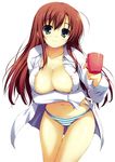  absurdres breast_hold breasts cleavage cup green_eyes hands highres large_breasts long_hair mug open_clothes open_shirt panties red_hair shirt solo striped striped_panties tomose_shunsaku underwear 