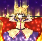  &gt;:) belt blonde_hair cape drawing_sword dress earmuffs glowing glowing_sword glowing_weapon layered_dress looking_at_viewer pointy_hair scabbard sheath short_hair smile solo sword teoi_(good_chaos) touhou toyosatomimi_no_miko unsheathing v-shaped_eyebrows weapon yellow_eyes 