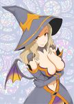  breasts cleavage cowboy_shot crossed_arms demon_wings detached_collar dress elbow_gloves from_side gloves halloween hat highres kamitsuki_manmaru lace large_breasts light_smile long_hair looking_at_viewer mini_wings navel orange_eyes school_girl_strikers silver_hair smile solo stained_glass standing wings witch_hat yamabuki_kaede_(school_girl_strikers) 