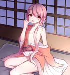  alternate_costume alternate_hairstyle breasts finger_to_mouth hair_censor hair_over_breasts harusame_(kantai_collection) highres japanese_clothes kantai_collection kimono long_hair neit_ni_sei pink_hair pinky_to_mouth red_eyes small_breasts solo 
