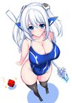  bare_shoulders black_legwear blue_eyes breasts character_request cleavage collarbone competition_swimsuit copyright_request groin hair_ornament huge_breasts long_hair minamon_(vittel221) one-piece_swimsuit simple_background smile solo swimsuit thighhighs weapon white_background white_hair wide_hips 