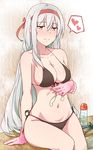  aneros bikini blush breasts brown_bikini brown_eyes commentary front-tie_top gloves hairband heart kantai_collection large_breasts latex latex_gloves long_hair looking_at_viewer prostate_massager shoukaku_(kantai_collection) side-tie_bikini silver_hair sitting smile solo spoken_heart suisen_toire_(moko924) swimsuit very_long_hair 