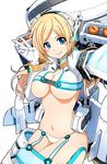  blonde_hair blue_eyes breasts cleavage cosmic_break highres himari_strahl jacket large_breasts long_sleeves mecha_musume navel no_bra official_art panties reaching_out revealing_clothes self_shot sideboob smile solo underboob underwear v wakaba white_panties wings 