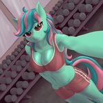  2015 anthro anthrofied breasts brown_eyes cleavage clothed clothing dumbbell equine fan_character female gym hair horse inside looking_at_viewer mammal my_little_pony navel pony shorts solo two_tone_hair weights xanthor 