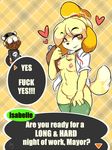  &lt;3 ? animal_crossing animal_crossing_boy anthro areola beard blush breasts canine clothed clothing dialogue dog ear_piercing english_text eyewear facial_hair female fur glasses hat headgear horn human isabelle_(animal_crossing) looking_at_viewer male male/female mammal nintendo nipples open_mouth options pcaduck piercing question smile standing text undressing video_games 