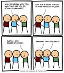  bald blue_shirt clothed clothing comic cyanide_and_happiness dialogue english_text green_shirt group human humor male mammal not_furry open_mouth plain_background raised_by_furries red_shirt rob_denbleyker shirt standing stick_figure text the_truth white_background 