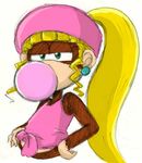  blonde_hair brown_fur bubble_gum clothing dixie_kong donkey_kong donkey_kong_(series) female fur green_eyes hair long_hair mammal monkey nintendo plain_background ponytail primate solo video_games yuuki_71 